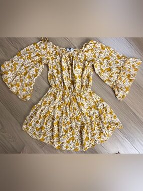 Vicky and Lucas Yellow Floral Off-Shoulder Dress with Bell Sleeves Sz S
